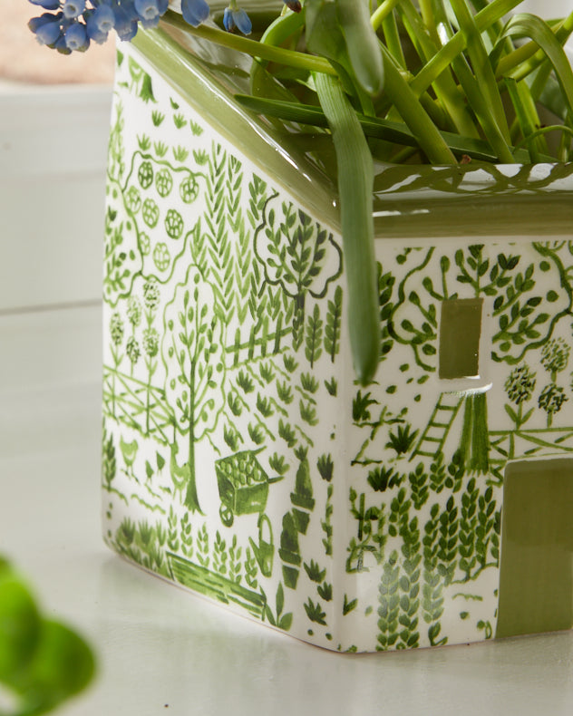 Pots & Planters - Green & White Painted House Planter