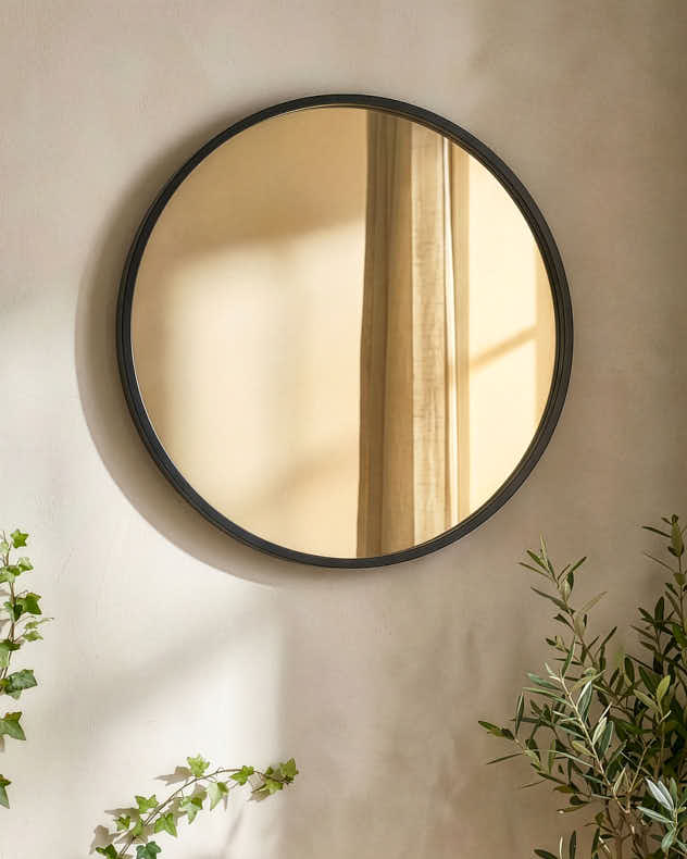 Black Recycled Iron & Glass Mirror - Curzon Circular Black Iron Wall Mirror 60cm