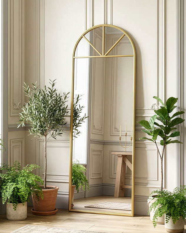 Gold Recycled Iron &amp; Glass Mirror - Alzac Gold Tall Rounded Arch Mirror 170cm x 61cm