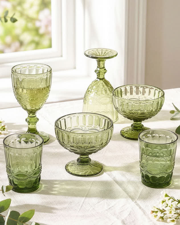 Set of 2 Goblets Green Glass Glassware Sets - Palazzo Green Glassware Collection