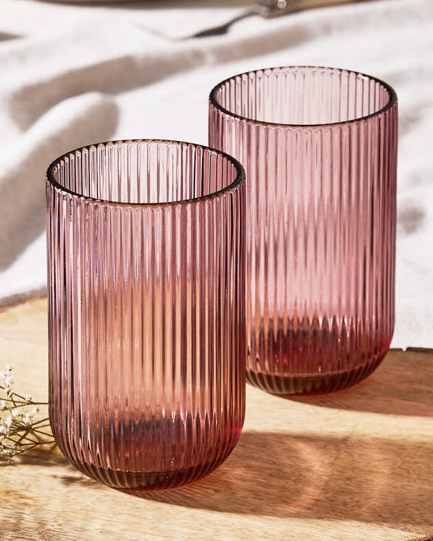 Wine Glasses Set of 4 - Palermo Pink Ribbed Highball Tumbler