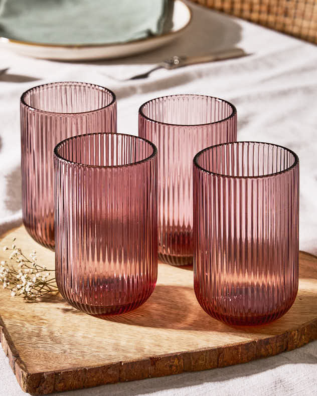 Single Pink Glass Wine Glasses - Palermo Pink Ribbed Highball Tumbler