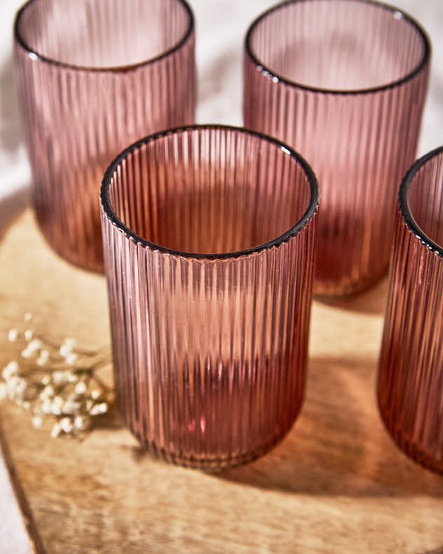 Wine Glasses Set of 6 - Palermo Pink Ribbed Highball Tumbler