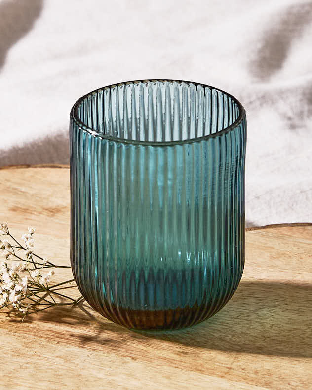 Wine Glasses Set of 4 - Palermo Blue Ribbed Tumbler Glass