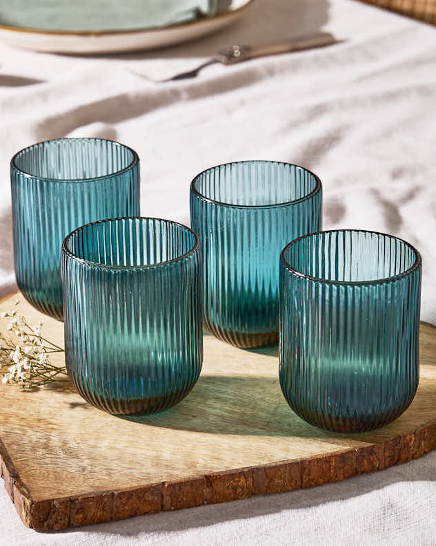 Single Blue Glass Wine Glasses - Palermo Blue Ribbed Tumbler Glass