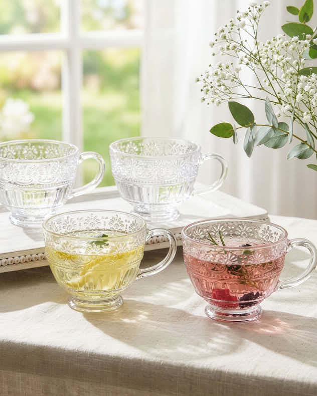 Single Clear Glass Mugs & Coffee Cups - Rembrandt Embossed Footed Mug