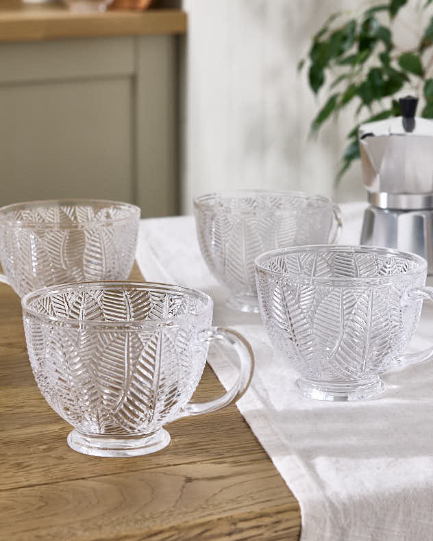 Single Clear Glass Mugs &amp; Coffee Cups - Feuille Embossed Footed Mug
