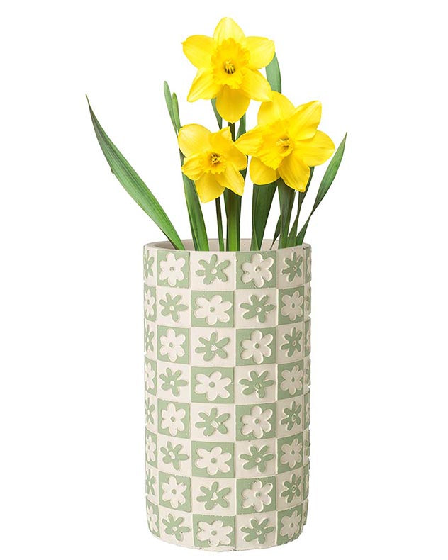 Tall Green Floral Checkerboard Vase
