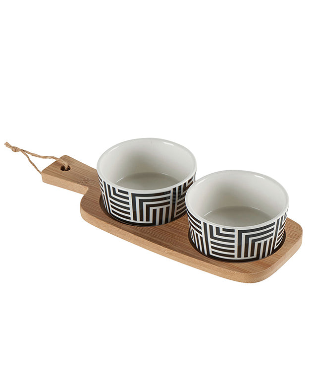 Set of 2 Ceramic Bowls and Wooden Tray