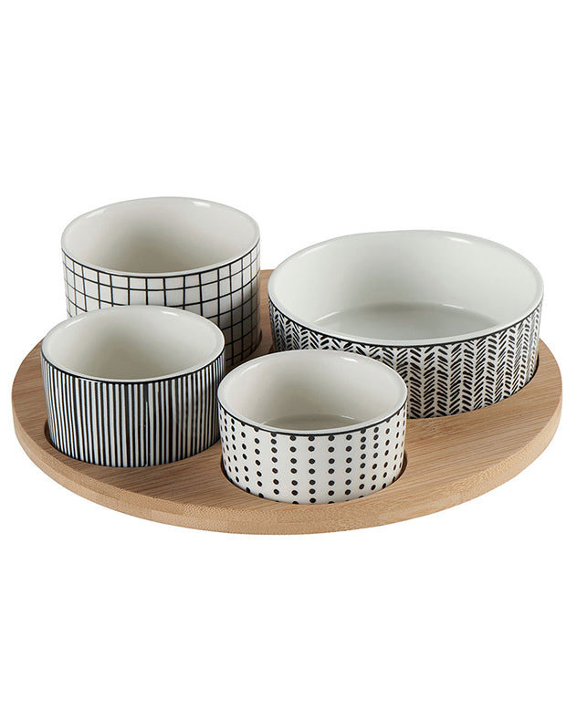 Set of 4 Ceramic Serving Bowls and Bamboo Tray