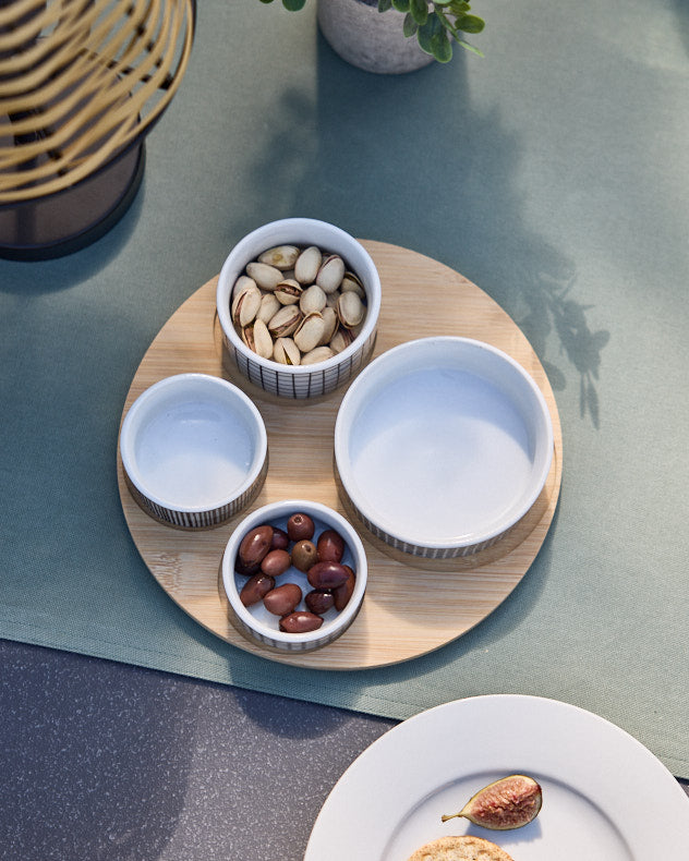 Set of 4 Ceramic Serving Bowls and Bamboo Tray