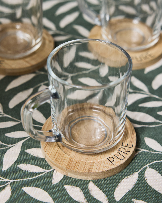 Set of 4 Glass Coffee Mugs and Bamboo Coasters