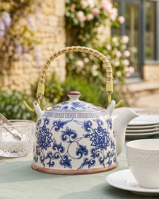 Blue & White Ceramic Tableware - Blue Floral Ceramic Teapot with Infuser
