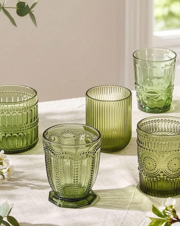 Merida Green Glass Glassware Sets - Embossed Green Tumbler Collection