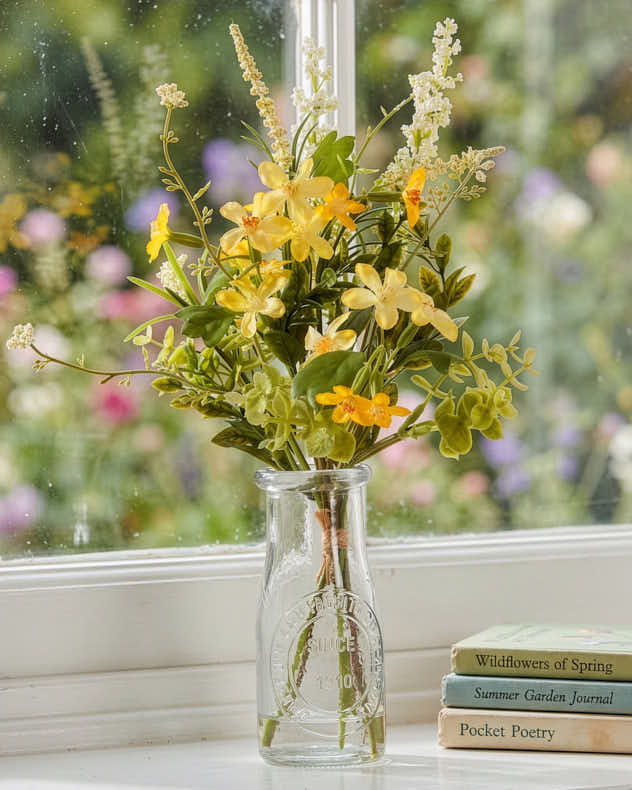 Yellow & Green & Clear Plastic & Glass Faux Flowers - Louisa Floral Bouquet in Vase