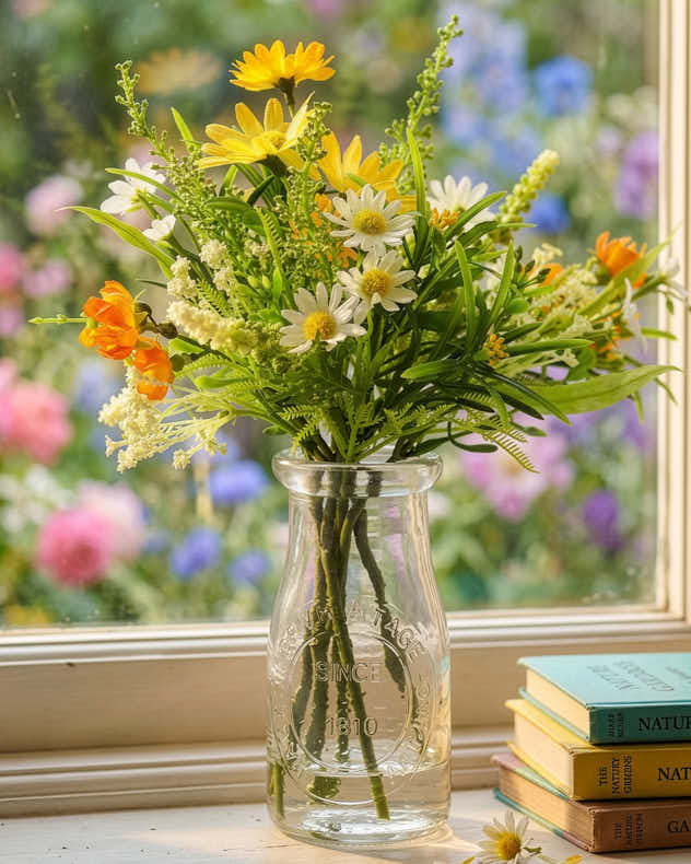 Yellow & Green & Orange & White & Clear Plastic & Glass Faux Flowers - Gloria Floral Bouquet in Vase