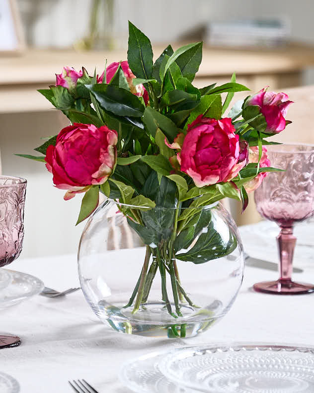 Pink & Green & Clear Plastic & Glass Faux Flowers - Pink Peonies in Globe Vase