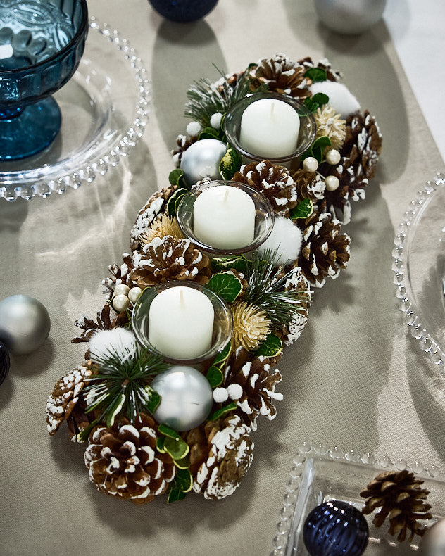 Brown & Green & Silver & White Pinecone & Plastic & Glass Candle Holders - Snowball Pine Forest Candle Holder