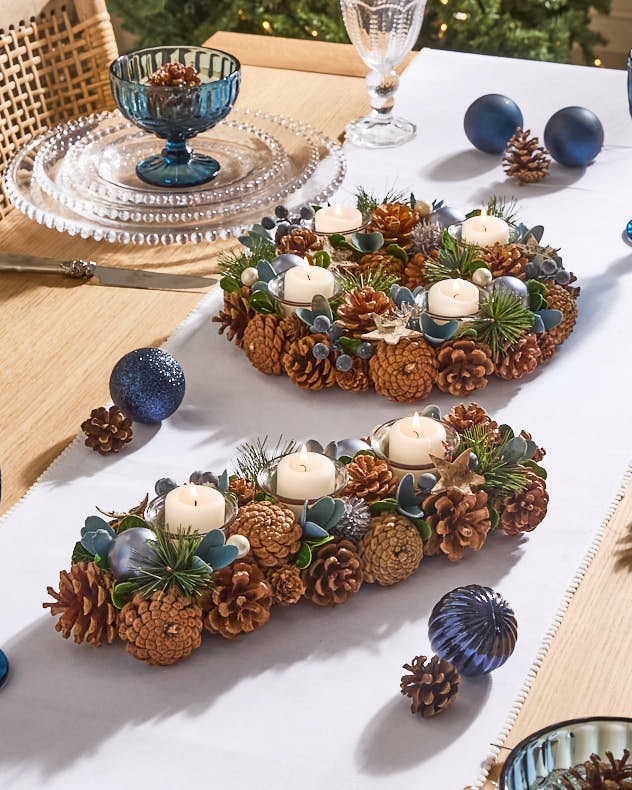 Triple Candle Holder Green &amp; Blue &amp; Brown  Candle Holders - Moonlight Blue Christmas Candle Holder Collection