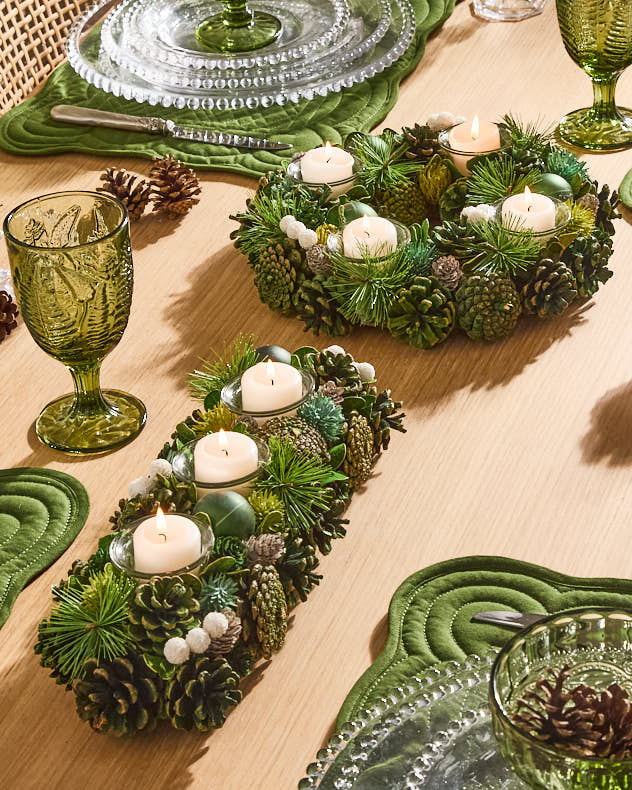 Triple Candle Holder Green &amp; Brown  Candle Holders - Woodland Green Christmas Candle Holder Collection