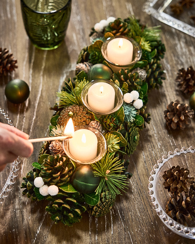 Green Pinecone & Wood & Glass Candle Holders - Woodland Green Triple Tealight Holder