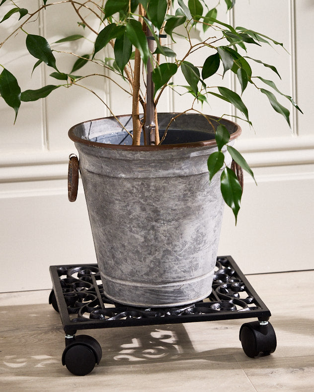 Black Recycled Iron Garden Accessories - Large Ornate Rolling Plant Stand