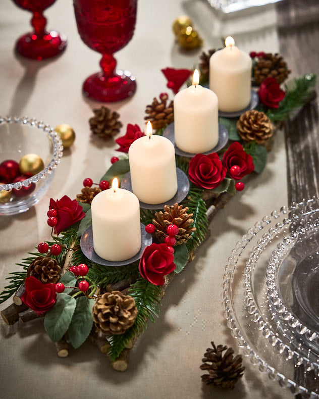 Green & Red & Brown Pinecone & Plastic & Iron & Wood Candle Holders - Christmas Floral Woodland Candlestick Holder
