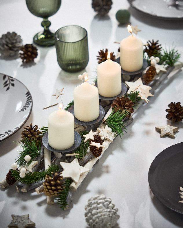 White & Green & Brown Wood & Iron & Pinecone Candle Holders - Winter Pinecone Forest Candlestick Holder
