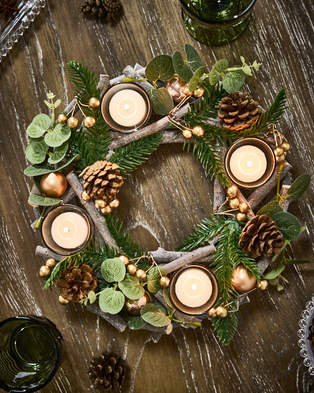 Green & Brown & Silver & Gold Wood & Pinecone & Plastic & Faux Leaves & Glass Centrepiece - Pine Forest Tealight Centrepiece
