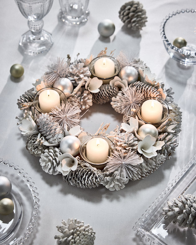 Candle Holders - White Frosted Round Tealight Centrepiece