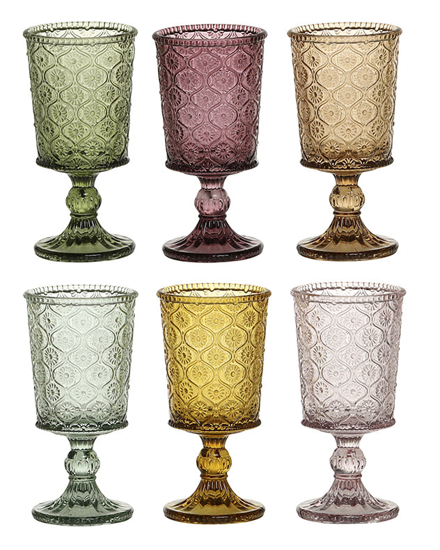 Solara Set of 6 Floral Coloured Glass Wine Goblets