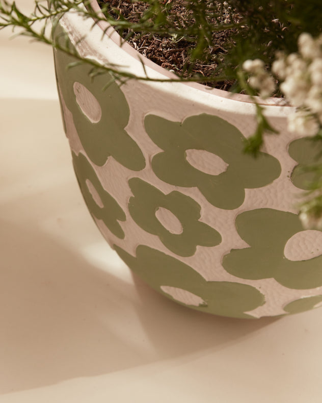 Green Mod Flower Pattern Plant Pot