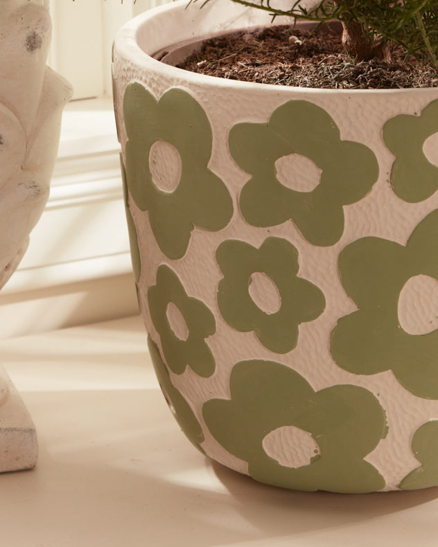 Green Mod Flower Pattern Plant Pot