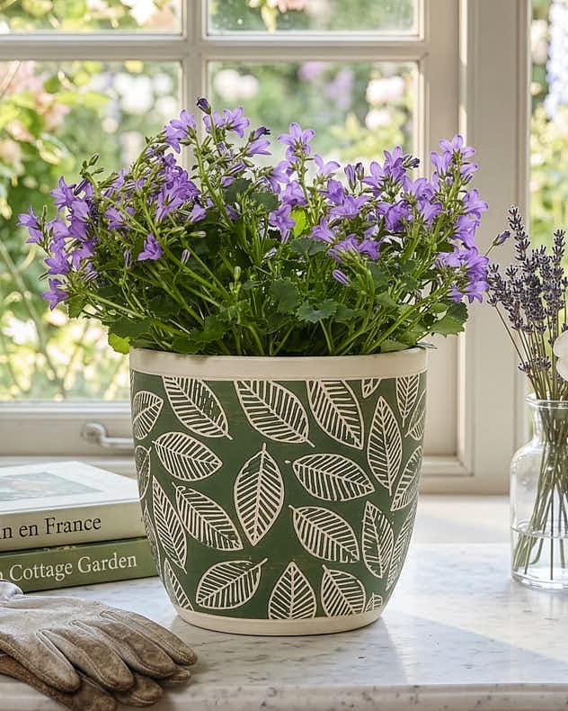 Green & White Terracotta Pots & Planters - Basoa Green Leaf Patterned Planters