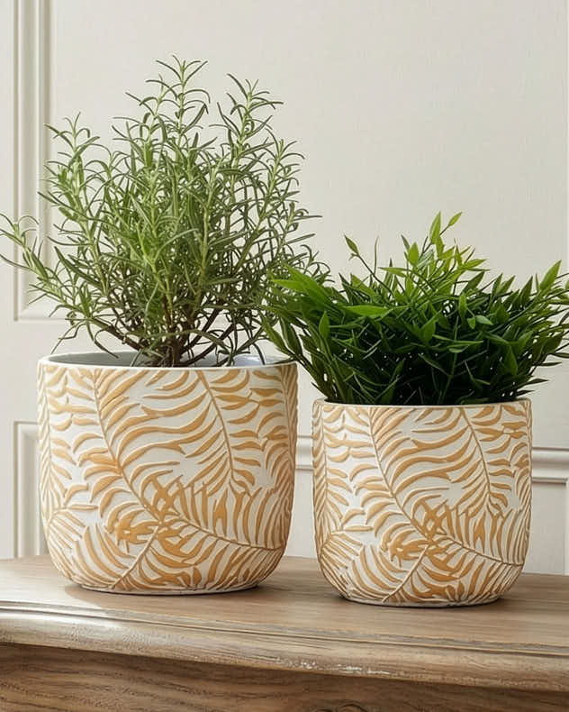 Small Yellow & White  Pots & Planters - Selva Yellow Leaf Print Planters