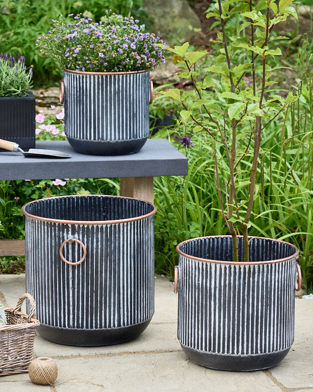 Black & Copper Metal Pots & Planters - Tambara Set of 3 Ribbed Planters