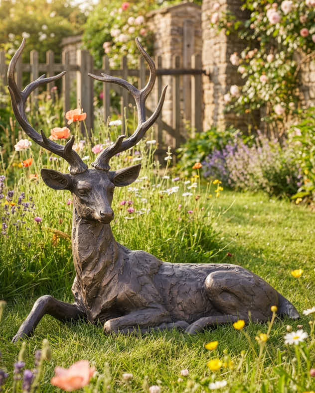 Bronze & Brown Resin Ornaments - Majestic Giant Laying Stag Decoration