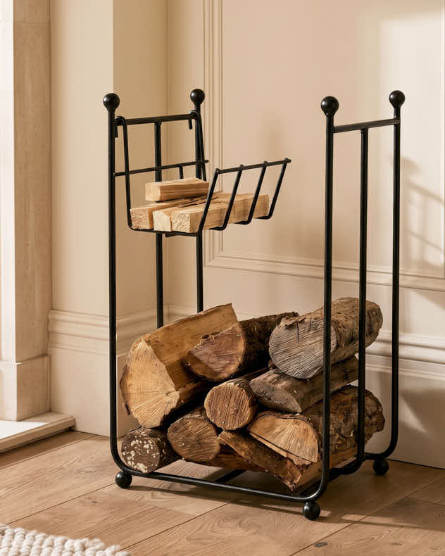Tall Log Storage Rack with Basket