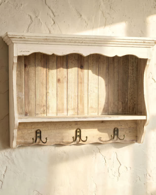 Aged White Wall Shelf with Hooks
