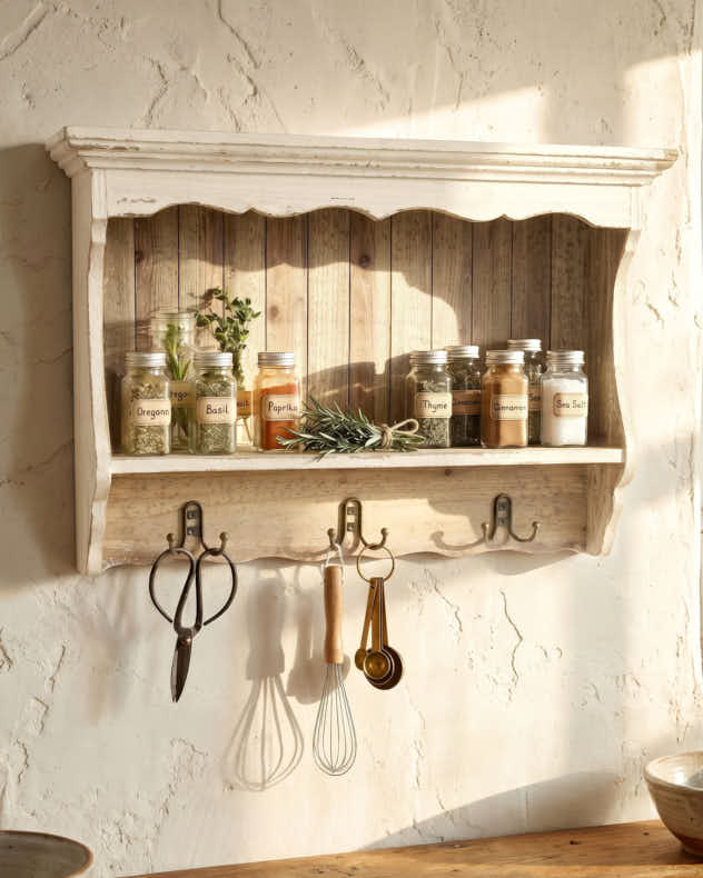 Aged White Wall Shelf with Hooks