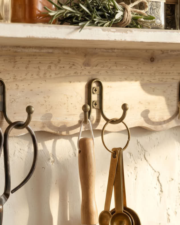 Aged White Wall Shelf with Hooks