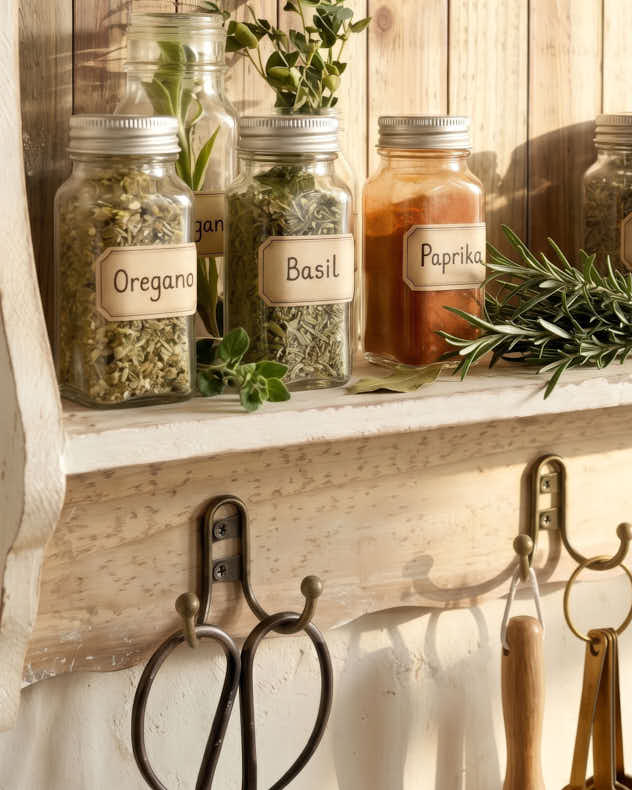 Aged White Wall Shelf with Hooks
