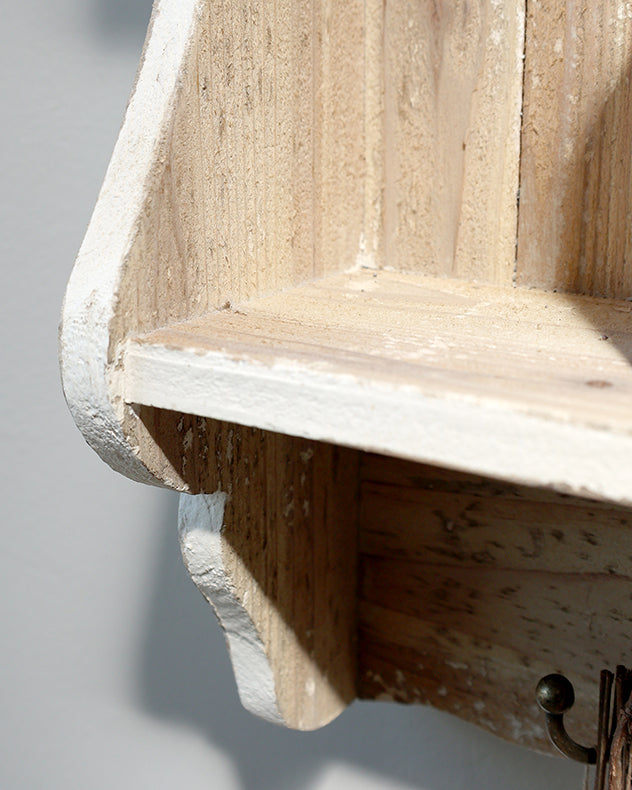 Aged White Wall Shelf with Hooks