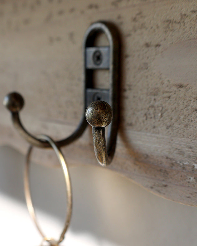 Aged White Wall Shelf with Hooks