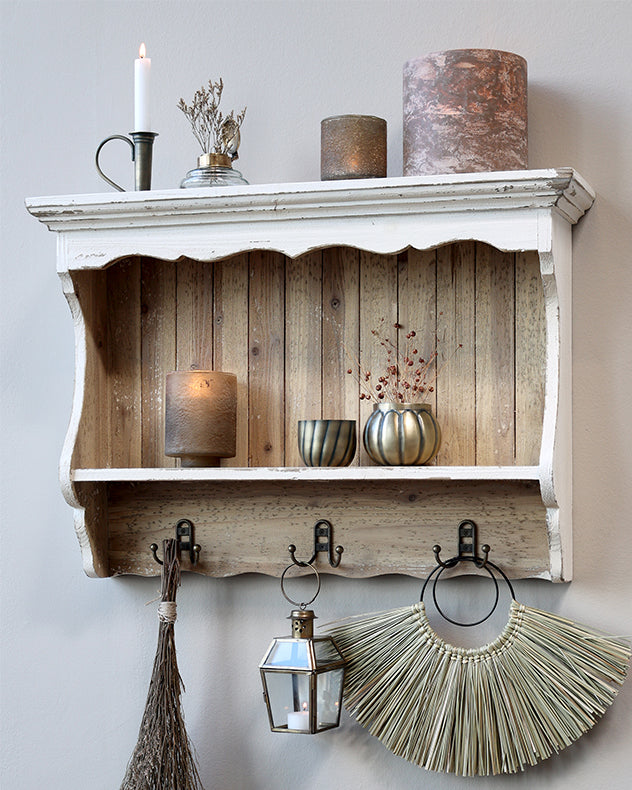 Aged White Wall Shelf with Hooks