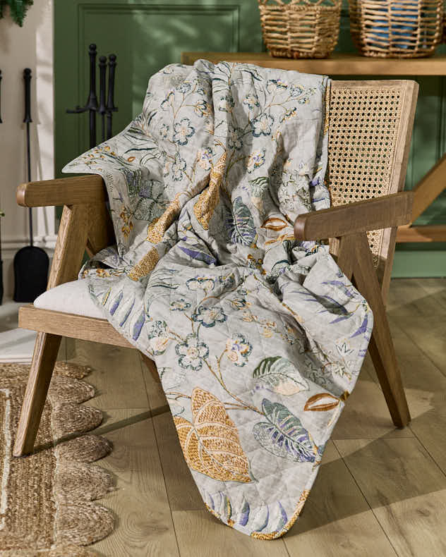 Blue & Multi-colour Cotton & Polyester Throws - Briare Floral Quilted Throw