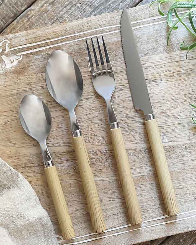 Silver & Natural Stainless Steel Cutlery & Cutlery Organisers - Lormes 16 Piece Wood Effect Cutlery Set