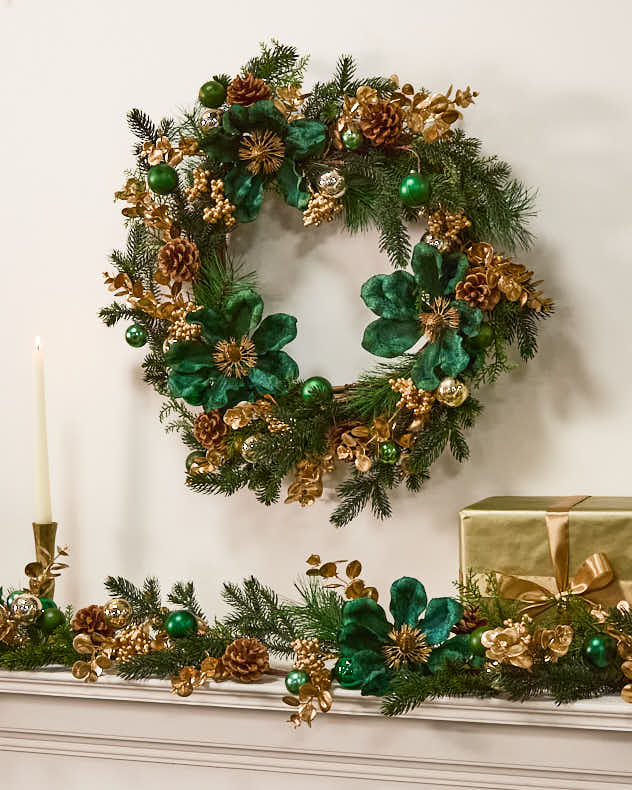 Green Velvet Floral Wreath and Garland