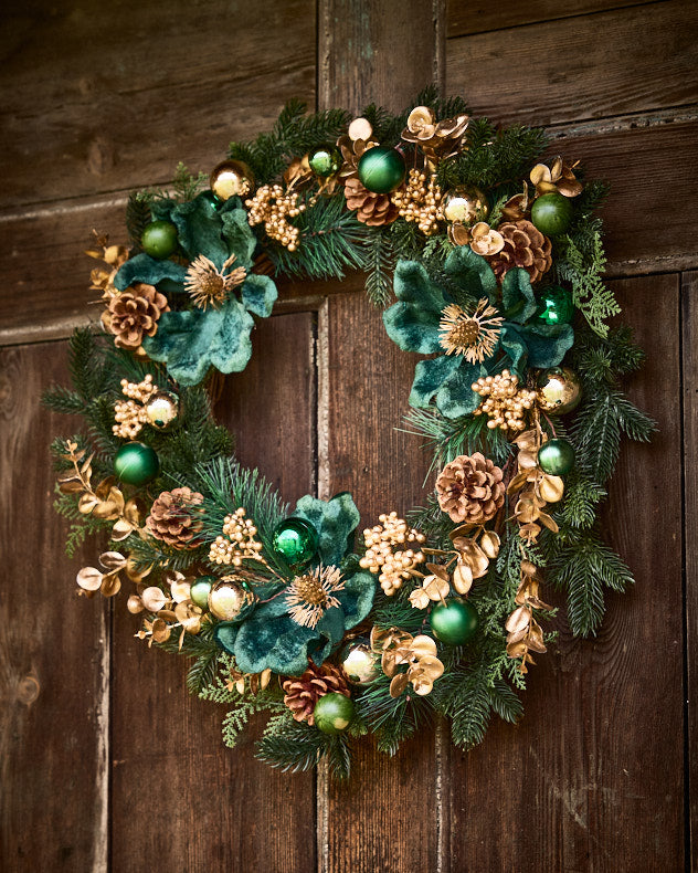 Green & Gold & Brown & Silver Grapevine & Artificial Plastic Leaves & Pinecone Wreaths - Christmas Woodland Wreath