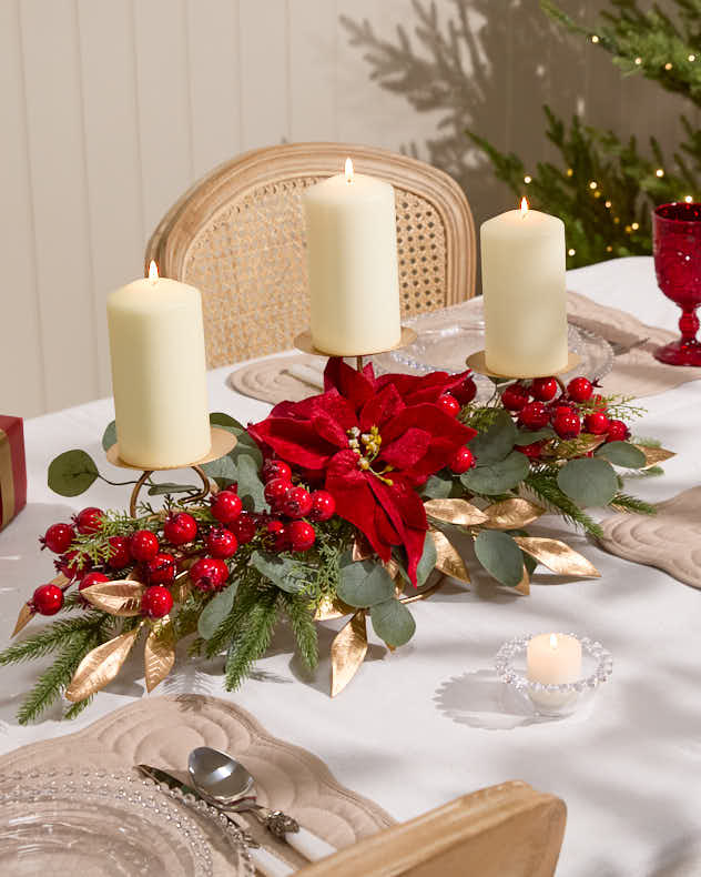 Poinsettia Triple Pillar Candle Holder